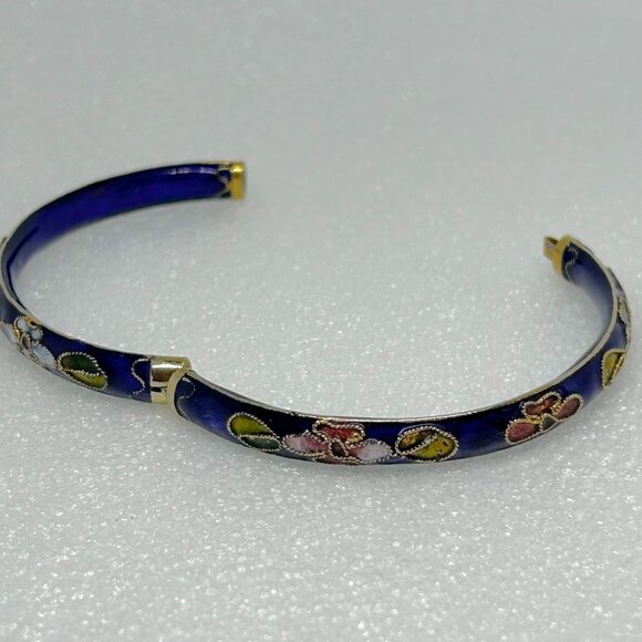 Vintage Blue Floral Cloisonné Enamel Hinged Bracelet - Picture 5 of 7